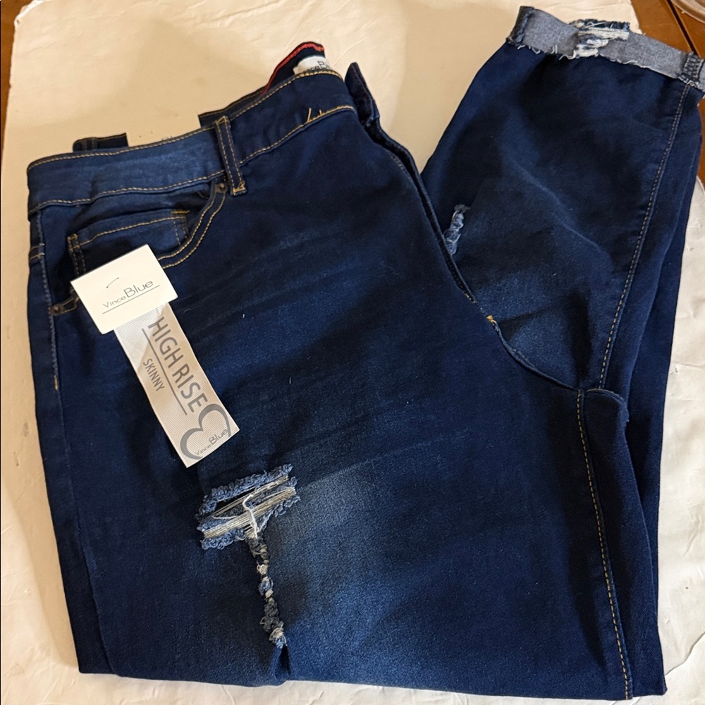 Vince  Blue Co High-Rise Dark Blue Distressed Skinny Jeans